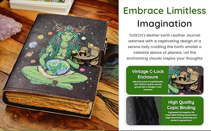 TUZECH Book of Spells Mother Of Earth Leather Bound Journal Deckle Edge Paper Tree of Life Antique Embossed Bound Daily Notebook With Colorful Print Journal Antique Vintage Book for Men and Women