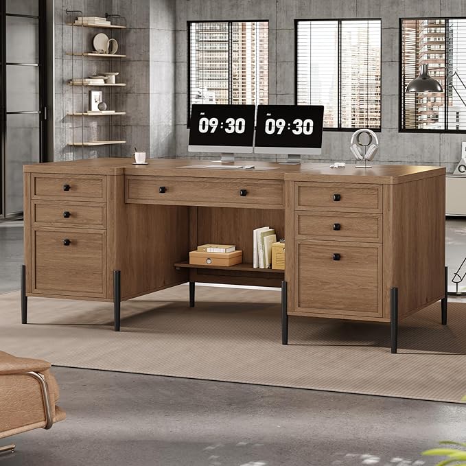 63" Executive Desk with 5 Drawers, Farmhouse Home Office Desks with 2 Storage Cabinet and Keyboard Tray, Large Boss Desk with Privacy Panel, Modern Table with Open Shelf and File Drawer