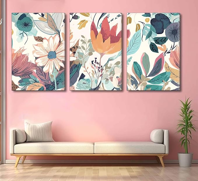 3 Pcs Boho Wild Flowers Canvas Wall Art Neutral Watercolor Boho Abstract Floral Botanical Painting Picture Wall Decor Poster Print Artwork for Living Room Bedroom Home Decoration