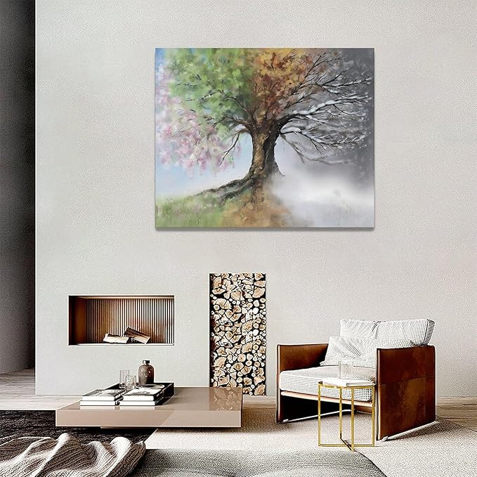 Tree of Life Wall Art Four Season Trees Pictures Decor Rustic Nature Canvas Country Painting Modern Artwork Home Decorations for Bathroom Living Room Bedroom Office Framed 20"x16"