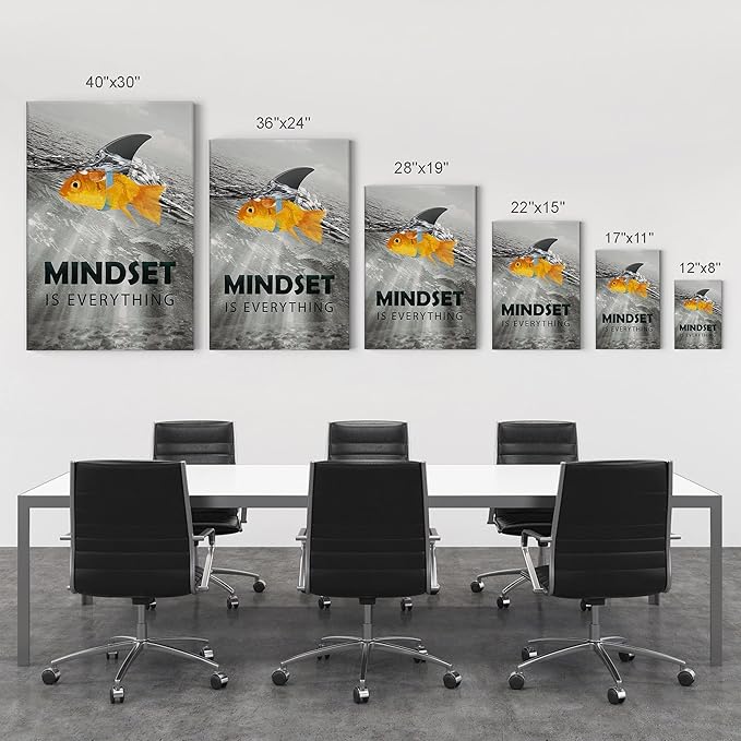 Smile Art Design Black and White Mindset is Everyting Orange Fish vs Shark Motivational Wall Art Canvas Print Inspirational Entrepreneur Quote Office Living Room Decor Gift Ready to Hang 22x15