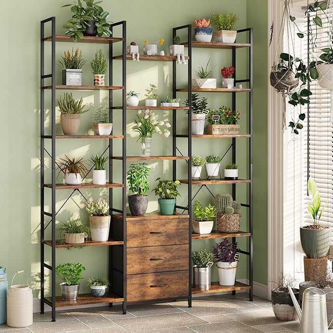 Triple Bookshelf with 3 Fabric Drawers, 6-Tier Book Shelf and 10 Display Shelves, Industrial Large Bookcase for Home & Office, Rustic Brown, 47'' Wide