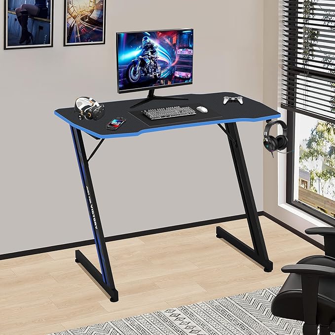 Gaming Desk 35 Inch Z-Shaped Computer Desk Modern Ergonomic PC Computer Table Home Office Desk Racing Style Gaming Workstation with Headphone Hook, Blue