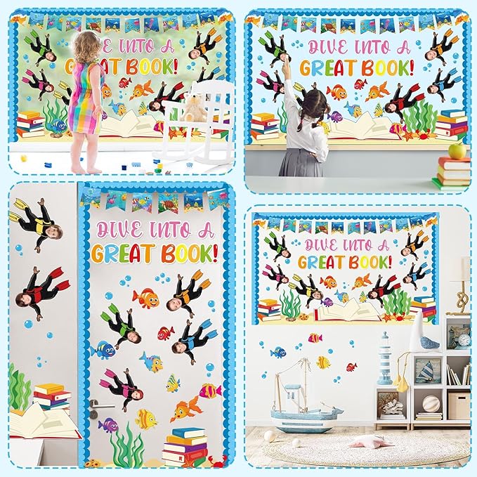 Summer Ocean Bulletin Board Decorations Set Get Dive into a Great Book Reading Theme Classroom Paper Cutouts Under The Sea Marine Fish Bulletin Board Decor for Back to School Teacher Chalkboard Wall