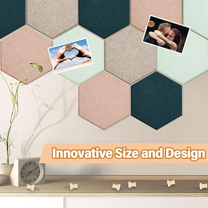 16 Pcs Hexagon Cork Board for Walls with 50 Wooden Push Pins 6.7 x 5.9 in Felt DIY Tiles Notice with Nano Tape Hanging Bulletin Board for Home Photo Office Memo Note (Green)