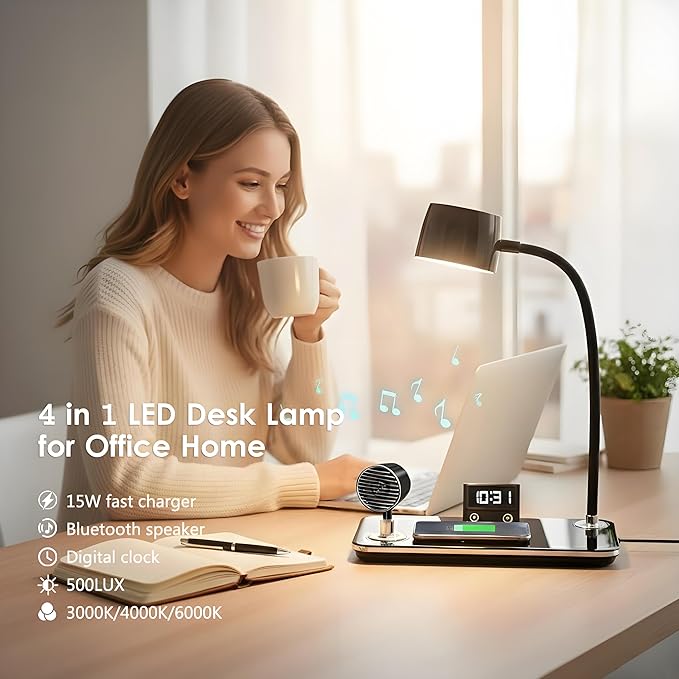 LED Desk Lamp for Office Home, Modern Desk Light with 15W Wireless Charger, Bluetooth Speaker & Digital Clock, 3 Color Temperature, Eye-Caring Study Lamp, Flexible Gooseneck, Black