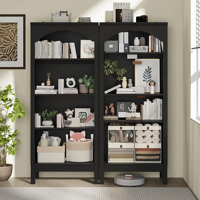56" H Tall Bookshelf and Bookcase, Arched Book Shelf with 4-Tier Open Shelves, Wooden Storage Bookcase Freestanding Display Bookshelves for Bedroom, Living Room, Black
