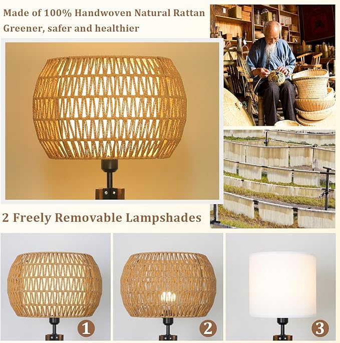 Boho Tripod Floor Lamps for Living Room, Wood Floor Lamp with Shelf, Mid Century Modern Standing Lamp with Rattan Shades, Foot Switch, Rustic Farmhouse Tall Lamps for Bedroom Office, Brown