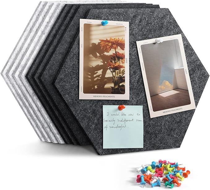 8 Pack Hexagon Felt Bulletin Board Tiles - 11.8" Large Thick Pin Board for Walls with 30 Push Pins, DIY Boards for Office Home School Decor, Aesthetic Hex Cork Board Alternative
