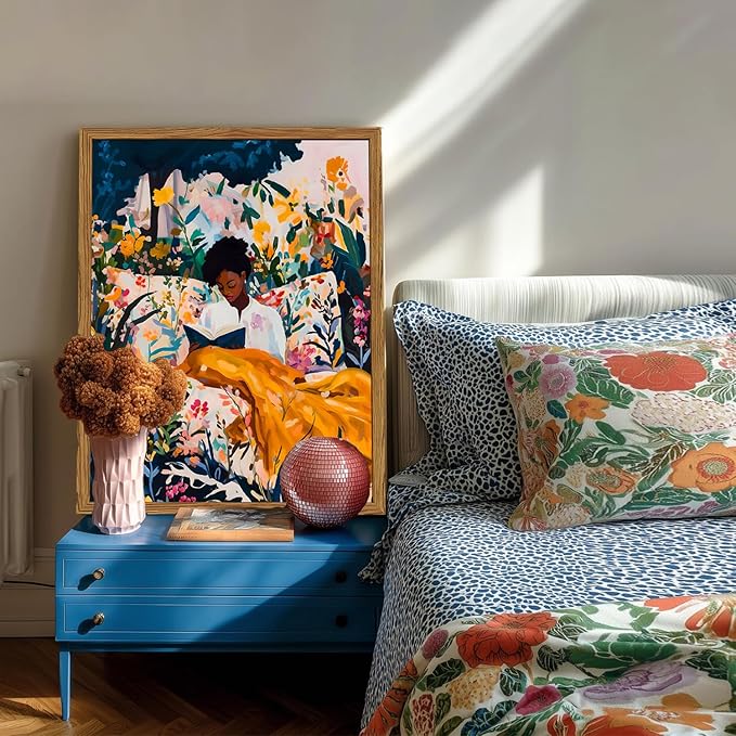 Framed Black Woman Reading Wall Art, Boho Black Girl Colorful Floral Paintings Wall Decor, African American Pictures Canvas Prints Aesthetic Home Decor for Living Room Bedroom Dorm 12x16 inch