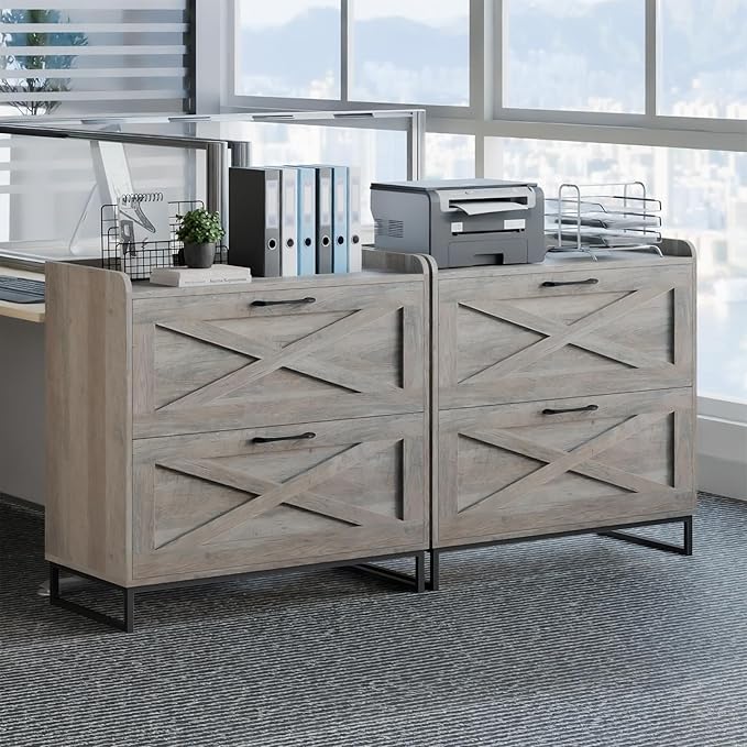 2 Drawer Lateral File Cabinet, Filing Cabinet with Charging Station for Letter/Legal/A4 Size Hanging Files, Modern Farmhouse File Cabinet for Home Office, Printer Stand with Storage, Washed Gray