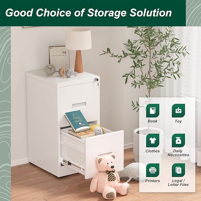 Superday 2 Drawer File Cabinets, 18” D Vertical File Cabinet with Lock, Locking Filing Cabinet for Home Office, White Metal Filing Cabinets for Hanging Letter/Legal Folders, Easy Assemble
