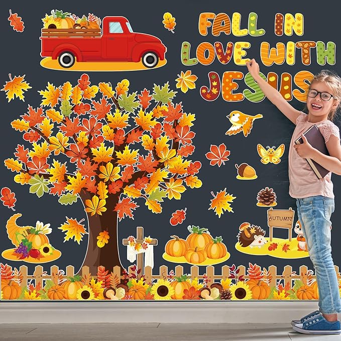 gisgfim Fall Thanksgiving Bulletin Board Decorations Fall in Love with Jesus Paper Cutout Christian Tree Bulletin Board Set for Religious Autumn Church Sunday School Classroom Home Wall Decor Supplies