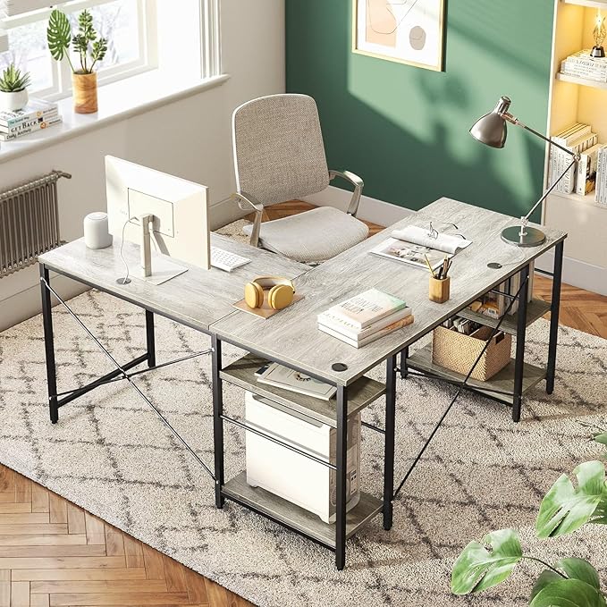 Bestier L Shaped Desk, 95.2 Inch Reversible Corner Computer Desk with Shelves, 2 Person Long Table for Home Office, Large Writing Storage Workstation with 3 Cable Holes, Rustic Brown, Grey Oak