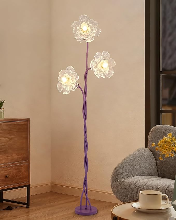 3 Light Flower Floor Lamps for Living Room, Standing Floor Lamp with Flexible Gooseneck, Unique Floor Lamp with 3 Color Temperatures, Tall Corner Floor Lamps for Living Room, Bedroom—Purple