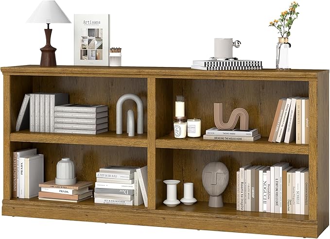 Double Wide Open Shelf Bookcase - 2 Tiers 4 Storage Cube Adjustable Space Book Case, Display Cabinet Organizer with Bookshelf, 64.8 inch Width Indoor Furniture for Home Library Office, Vintage Oak