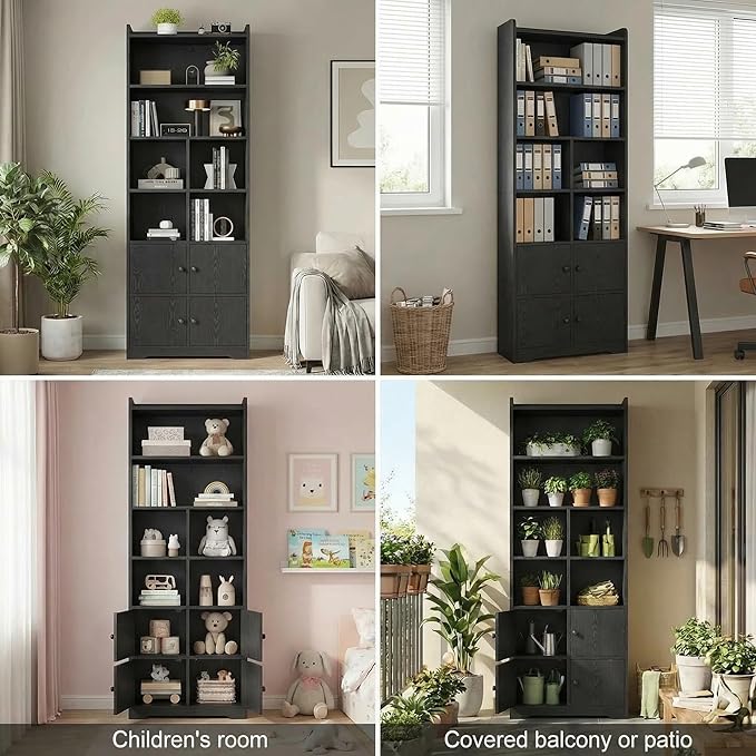 IRONCK Bookshelf with Doors, Book Shelf with Storage Shelves, 74.6 in Tall Bookcase for Home Office, Living Room, Bedroom, Black