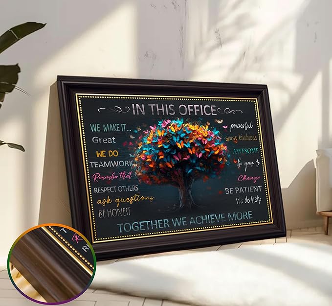Dark Brown Frame Office Inspirational Tree Of Life Canvas Wall Art Teamwork Positive Energy Picture Wall Decor Team Rules Inspiring Poster Print Painting for Living Room Bedroom Man Cave Decoration