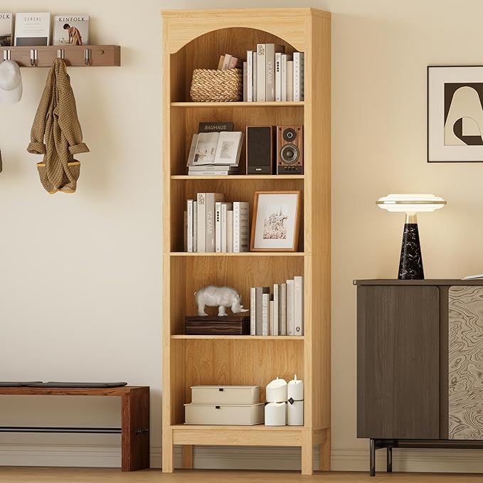71" H Tall Bookshelf and Bookcase, Farmhouse Book Shelf with 5-Tier Open Shelves, Wooden Bookcase Freestanding Display Bookshelves for Bedroom, Living Room, Natural Wood
