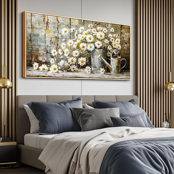 PHAOHUAXM Large Canvas Wall Art For Living Room Wall Decoration Printing Artwork Retro White Flower Dining Room Bedroom Bathroom Kitchen Wall Painting Home Decoration Wood Frame Aesthetics 24x48 In