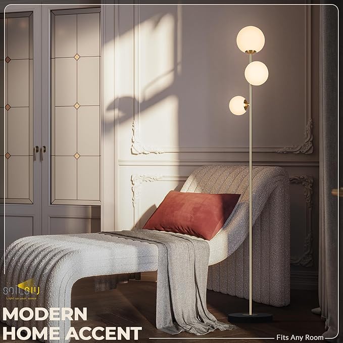 Soilsiu 3 Globe Floor Lamp - Mid Century Modern Standing Light with 3 Color Temperatures, LED Bulbs, Frosted Glass Shades for Living Room (Gold)