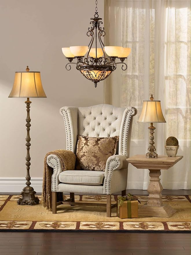 Regency Hill Rustic French Country Traditional Style Floor Lamp Standing 62" Tall Faux Wood Antique Candlestick Beige Silk Fabric Bell Shade Cottage Core Decor for Living Room Reading House Bedroom