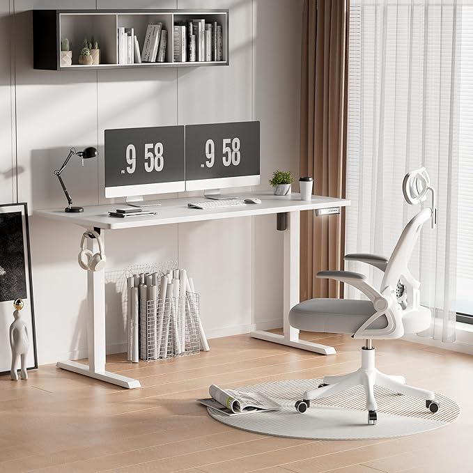 Furmax Electric Standing Desk, 55 x 24 Inches Height Adjustable Desk with Removable Casters, Home Office Computer Desk (White)