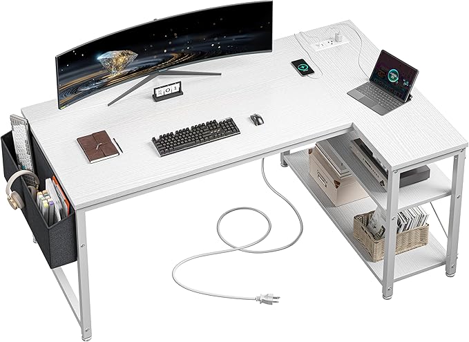 EnHomee 48 Inch L Shaped Computer Desk with Storage Shelves & Side Bag, Office Desk with Power Outlets, Small Corner Desk for Gaming Working Small Space Home Office Bedroom, Study Writing Table, White