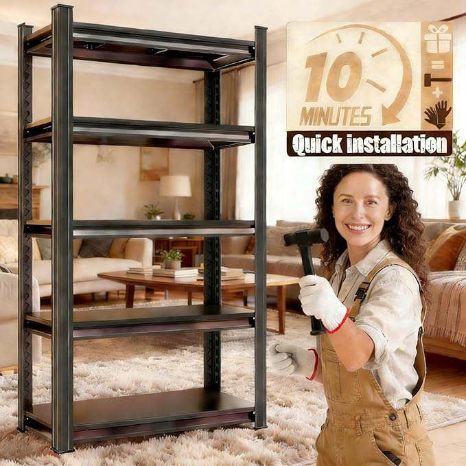 Bookshelf, 5 Tier Metal Wide Bookcase, Heavy Duty Adjustable Industrial Shelf for Living Room, Bedroom and Library, Black, 71.18" H x 35.43" W x 15.75" D