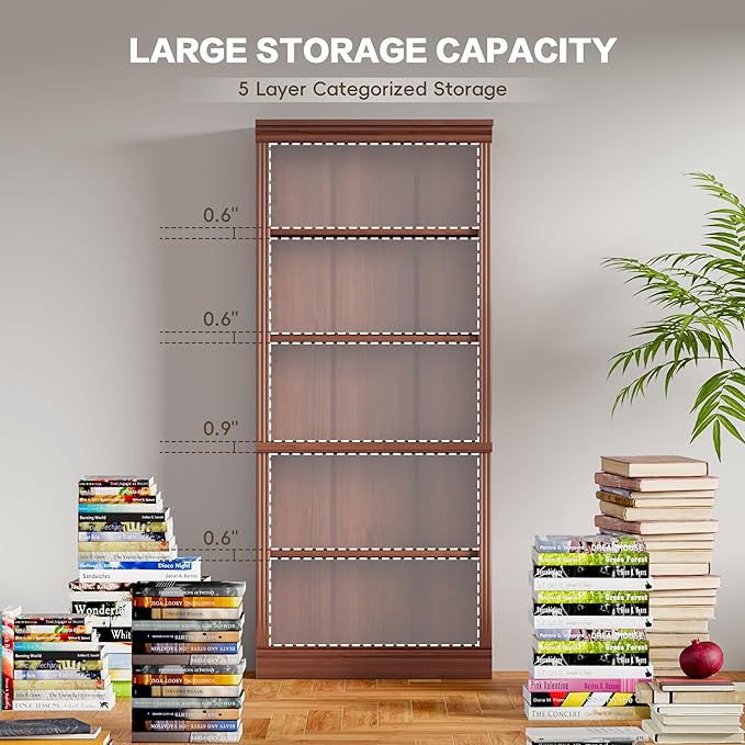 Shahoo 72" Bookcase and Bookshelf, 5-Tier Wood Bookcases with Shelves, Tall Floor Standing Book Shelf Storage Cabinet Home Decor Furniture for Living Room, Home Office, Cherry Brown, 1Pcs