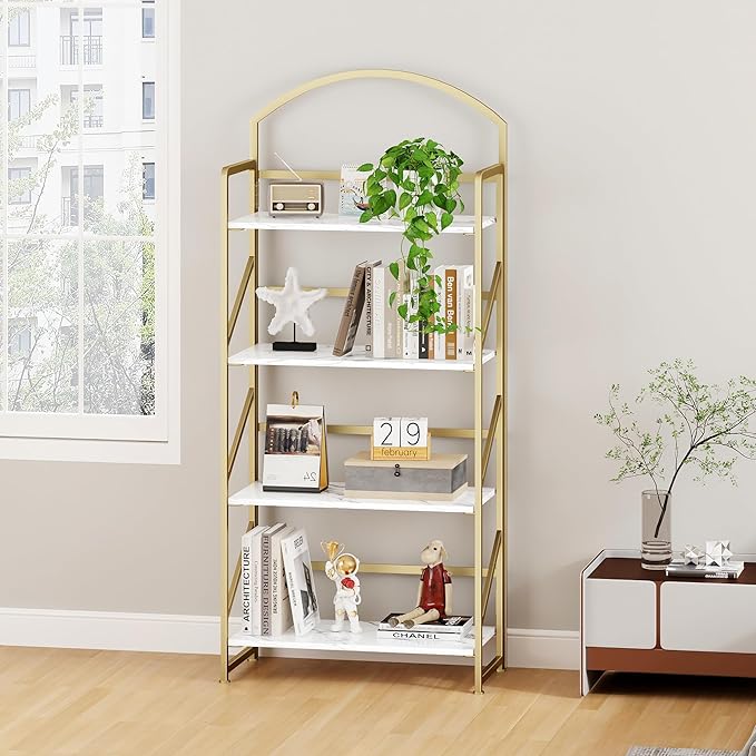 BHG Arched Bookshelf 4 Tier Shelf Storage Organizer Bookcase,No Assembly Folding Book Shelf for Living Room,Bedroom Home Office Rack Bookhelves