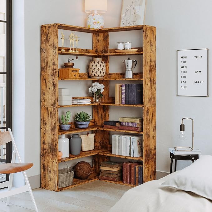 IRONCK Corner Bookshelf 6-Tier 70lbs/Shelf Large Bookshelves with Baffles Industrial Storage Display Rack for Living Room Home Office