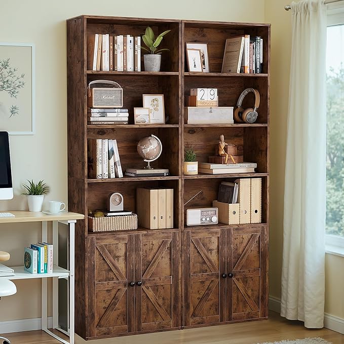 YESHOMY 71.5" Tall Bookshelf and Bookcase, Industrial Bookshelves and Bookcases with Doors, 4-Tier Floor Standing Tall Display Storage Cabinet with Doors for Home Office, Living Room, Brown, 2 PCS