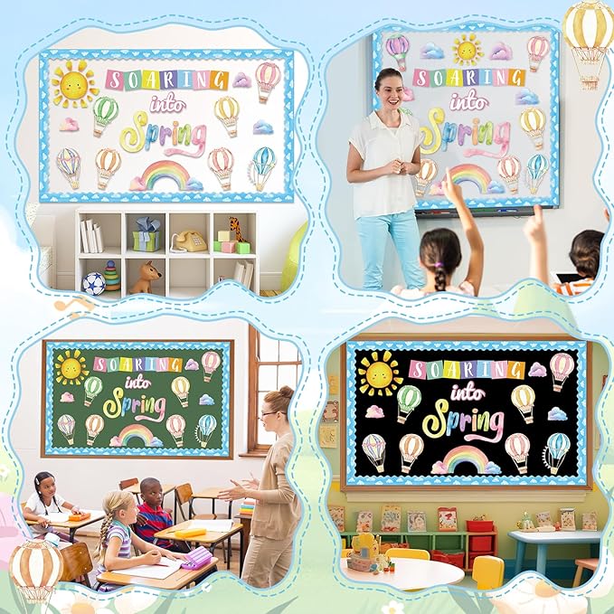 39pcs Spring Bulletin Board Decorations Soaring Into Spring Classroom Bulletin Board Set Hot Air Balloon Rainbow Paper Cutouts for Classroom School Office Home Nursery Chalkboard Door Wall Decor