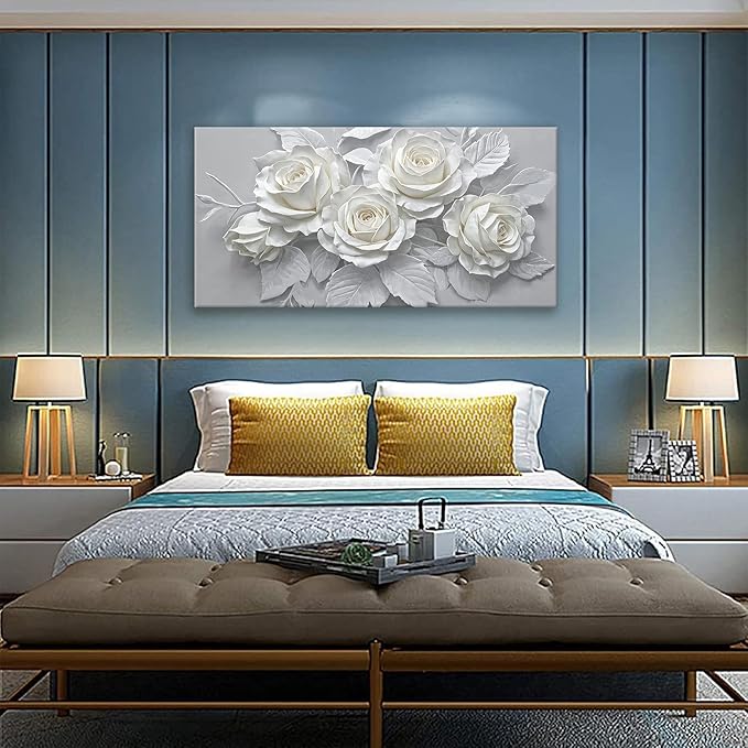 Suconvng Floral Wall Art Living Room Minimalist Painting Aesthetic Wall Decor Modern 24" X 48" Canvas Art Wall Decor White Flower Wall Art Canvas Prints Artwork Pictures For Bedroom Kitchen Artwork
