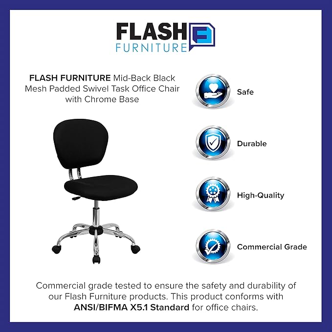 Flash Furniture Beverly Mid-Back Swivel Mesh Office Chair with Padded Seat, Height-Adjustable Ergonomic Padded Office Desk Chair, Black/Chrome