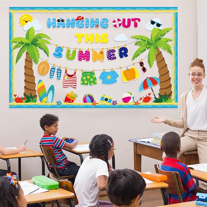 Pajean Summer Bulletin Board Set Summer Classroom Decoration Paper Cutout for Back to School Class Window Wall Home Party Decor(Hanging Out)