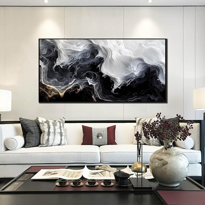 Black Art White Wall Paintings for Living Room 29"x59" Abstract Poster Pictures Wall Mountain Art for Home Hotel