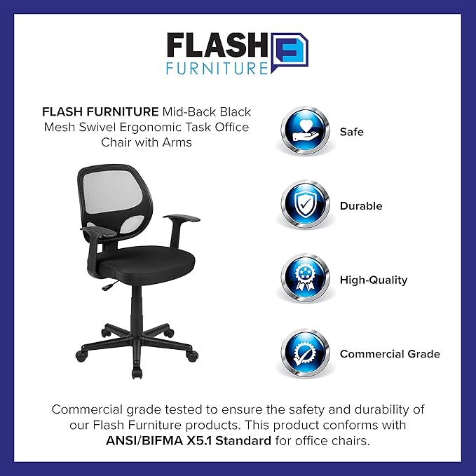 Flash Furniture Flash Fundamentals Mid-Back Black Mesh Swivel Ergonomic Task Office Chair with Arms