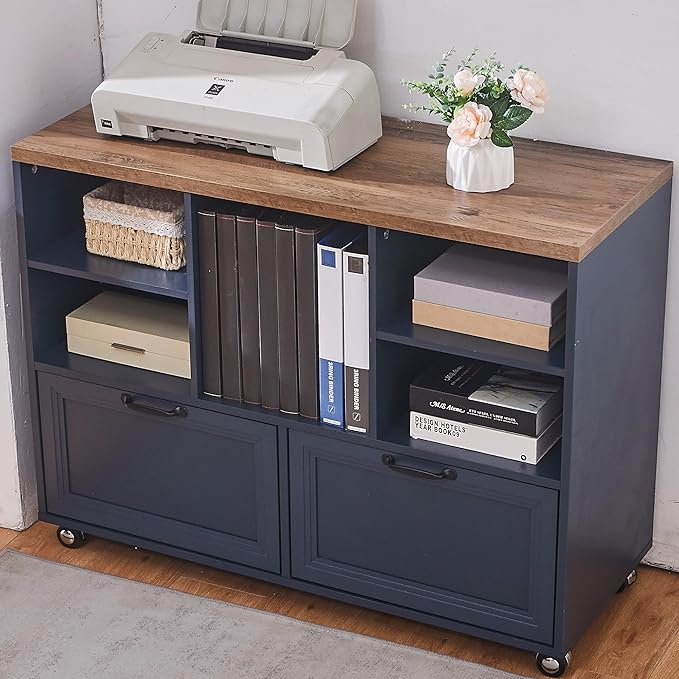 40" Lateral File Cabinet,Farmhouse Wood Small Home Office Storage with Wheels,Filing Cabinet with 2 Drawers for Legal/Letter/ A4 Size (Blue)