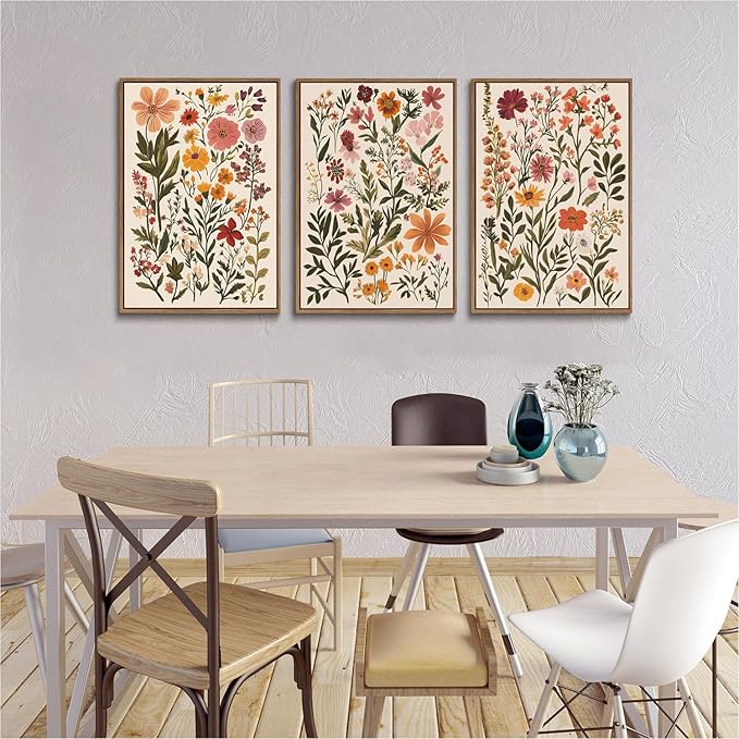 KISSFOX 3 Piece Boho Floral Canvas Wall Art For Bedroom Cottagecore Wild Flower Framed Wall Art Colorful Nature Modern Botanical Art Prints For Nursery Living Room,12x16 in