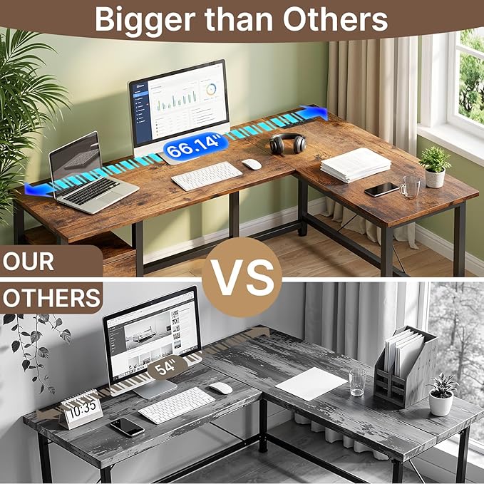 Gizoon 66 Inch L Shaped Desk with Drawers, Reversible Corner Computer Desk with Power Outlets, Home Office Desk with Moveable CPU Stand, Large Gaming Desk, Rustic Brown