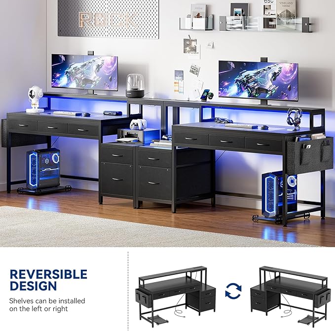REAHOME 61 Inch Gaming Desk with Charging Station and LED Lights, Reversible Computer Desk with Storage Drawer and Monitor Stand, Modern Desk Table with File Cabinet & Side Pocket, Carbon Fiber Black