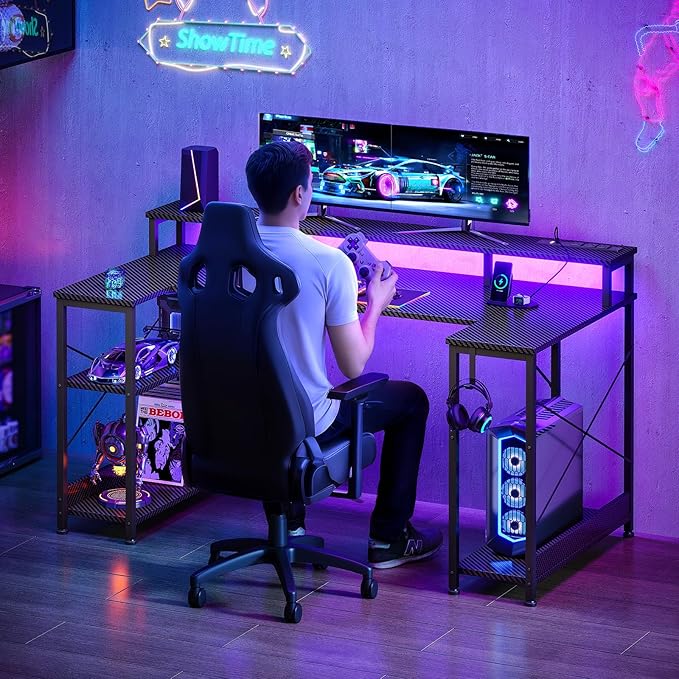 ODK 55 Inch Gaming Desk with LED Lights and Power Outlet, U-Shaped Computer Desk with Monitor Stand and Storage Shelves, PC Gamer Table for Home Office, Carbon Fiber Black