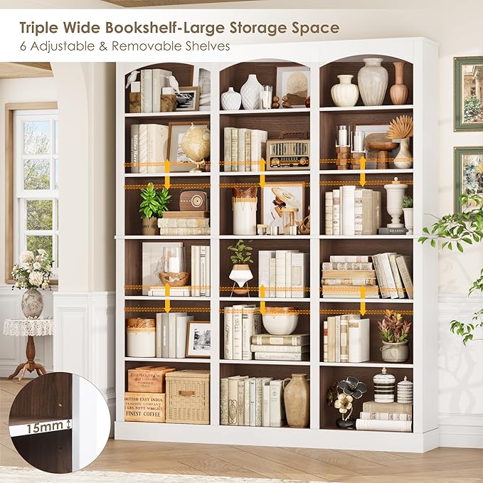 FACBOTALL 71" Triple Wide Bookshelf, 6 Tier Tall Bookshelf, Large Bookcase with Curved Baffle, 63.4" Wide Book Shelf with 18 Open Display Shelves for Living Room, Study, Walnut and White