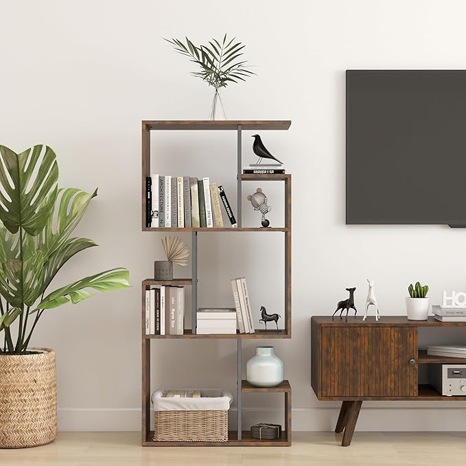 Manora 3 Tier Geometric Bookcase, S Shaped Bookshelf, Modern Bookcase with Tall Display Shelves, Decorative Storage Shelf for Living Room and Bedroom, Dark Brown