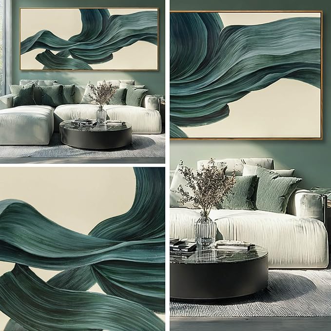 Large Abstract Canvas Wall Art 32x70 Inch, Dark Green Framed Canvas Wall Art, Modern Horizontal Printed Wall Art with Wooden Frame for Living Room Home Decor