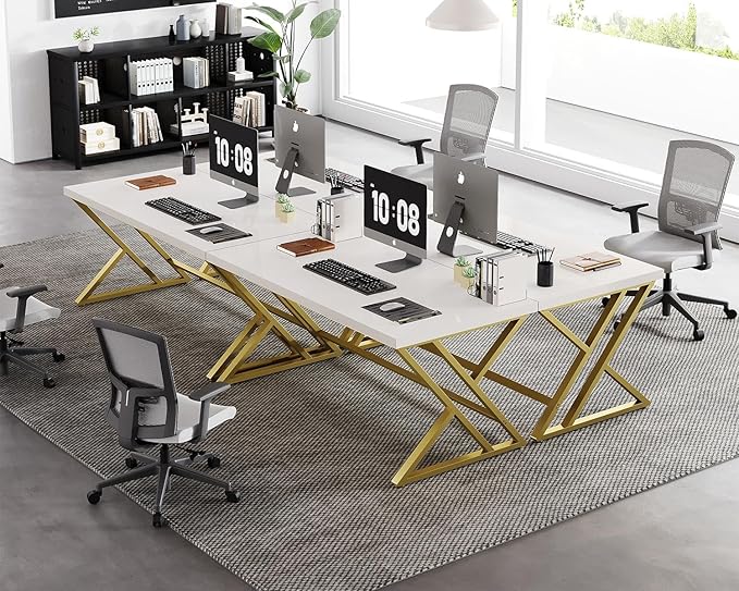 LVB White and Gold Desk, Modern Wood Home Office Computer Desk, Metal Study Executive Writing Table for Gaming Writing Work, Farmhouse Simple Compact Student PC Desk for Bedroom, 55 Inch