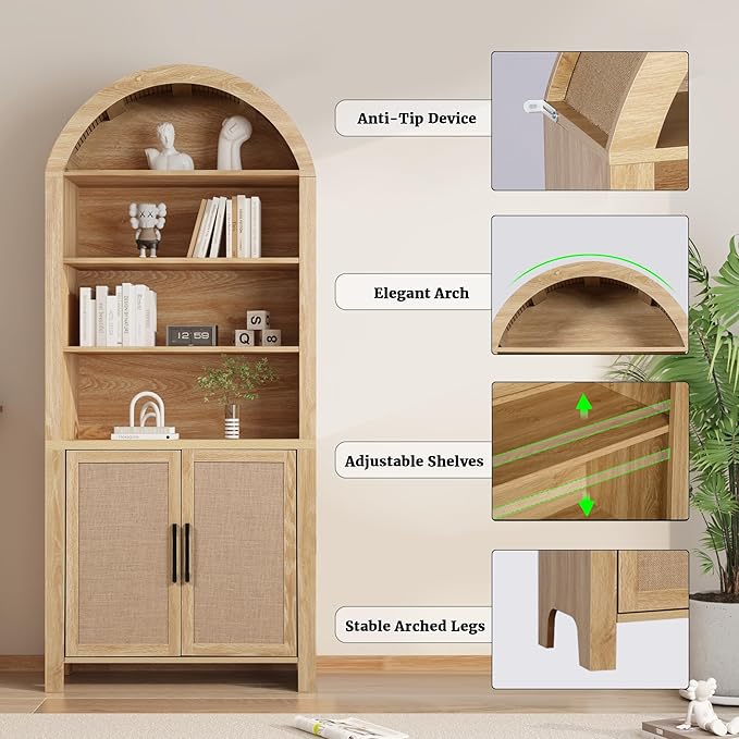 71" Tall Arched Bookcase with Storage, Mid-Century Modern 6-Tier Curved Cabinet with Door, Arched Bookshelf Cabinet with Open Display Storage Shelf for Office Living Room (Natural)
