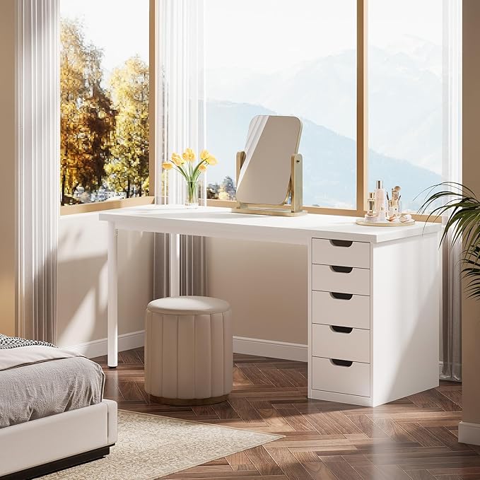 Tribesigns Modern Simple Computer Desk, 47 Inches PC Desk with 5 Reversible Drawers, Rustic Brown Study Writing Table Workstation for Home Office Small Spaces (All White)